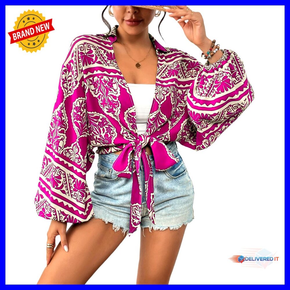Deep V Neck Tie Front Boho Blouse Lantern Sleeve Loose Tunic Self-Tie Top